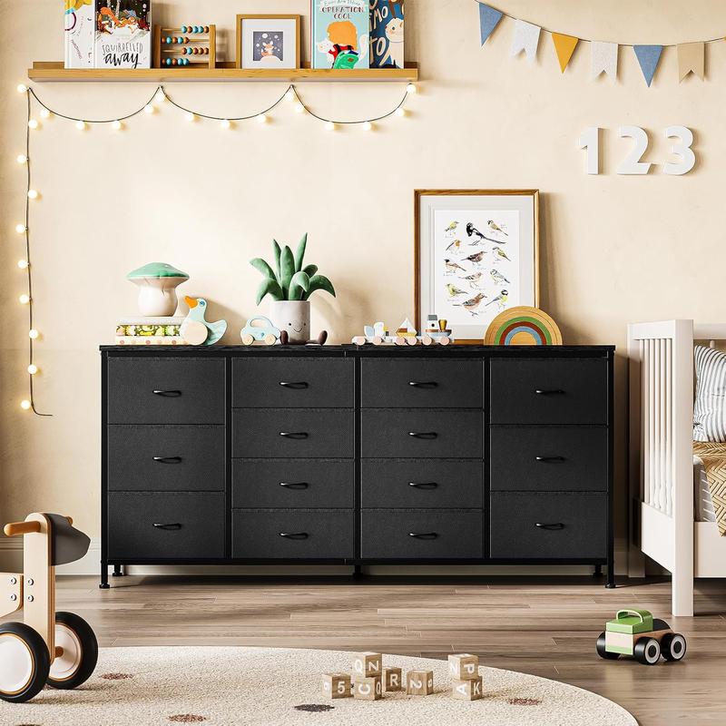 14 Drawer Dresser, 63 Inch Black Fabric Dresser TV Stand with Power Outlet for 65 70 75 Inch TV, Long Entertainment Center for Bedroom, Closet, Living Room, Entryway