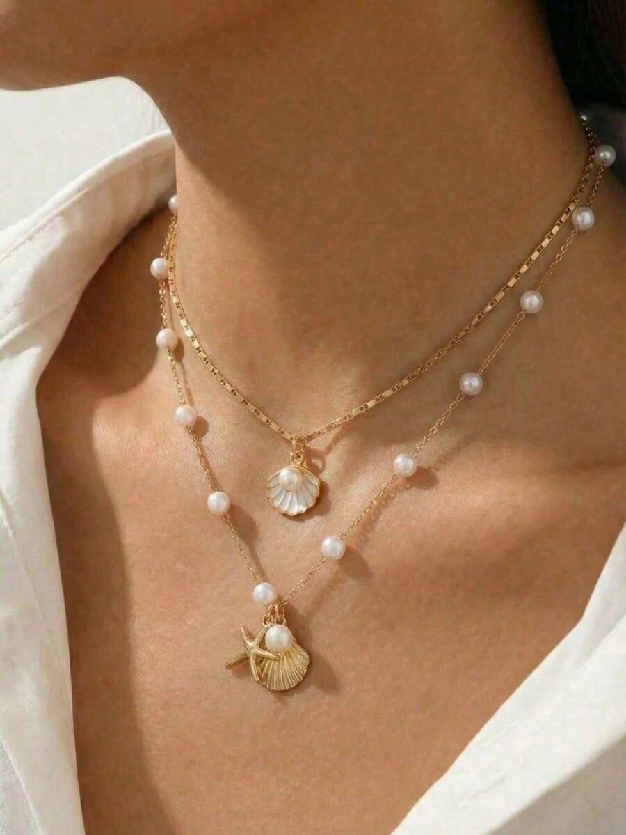 3pcs Summer Bohemian Style Multi-Color Faux Pearl Multi-Layer Necklace Set With Shell Pendant, Suitable For Beach, Travel, Daily Decoration, Outfit Matching, Dating, Party, Holiday Gift For Women