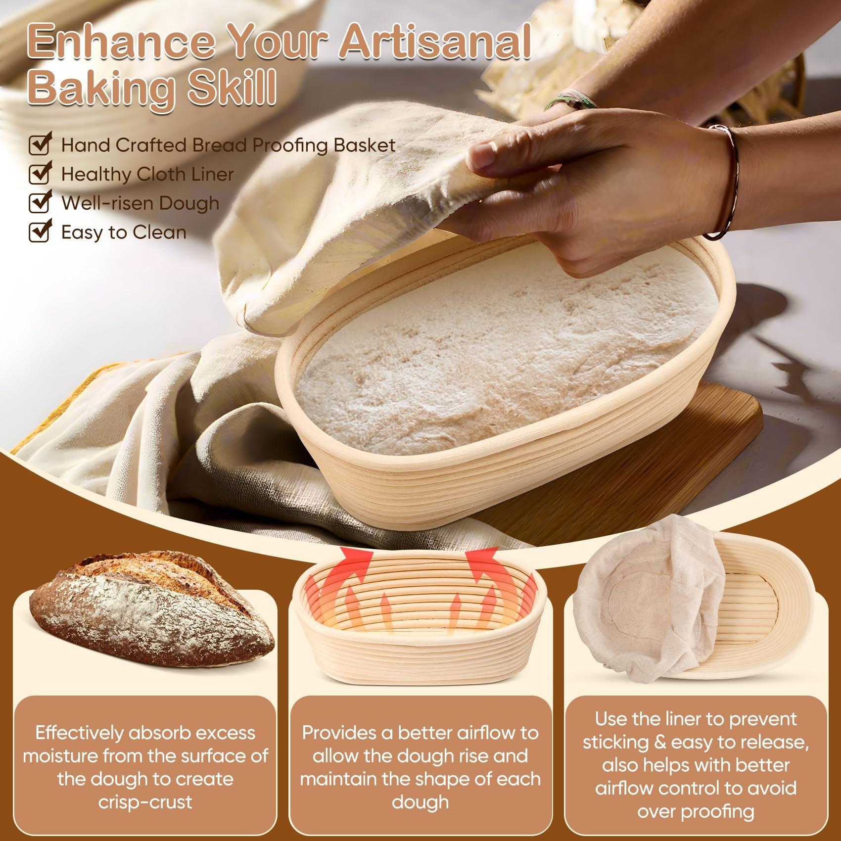 Bread Proofing Baskets Set of 2 10 inch Oval/9 inch Round Shaped Dough Proofing Bowls w/Liners Perfect for Professional & Home Sourdough Bread Baking