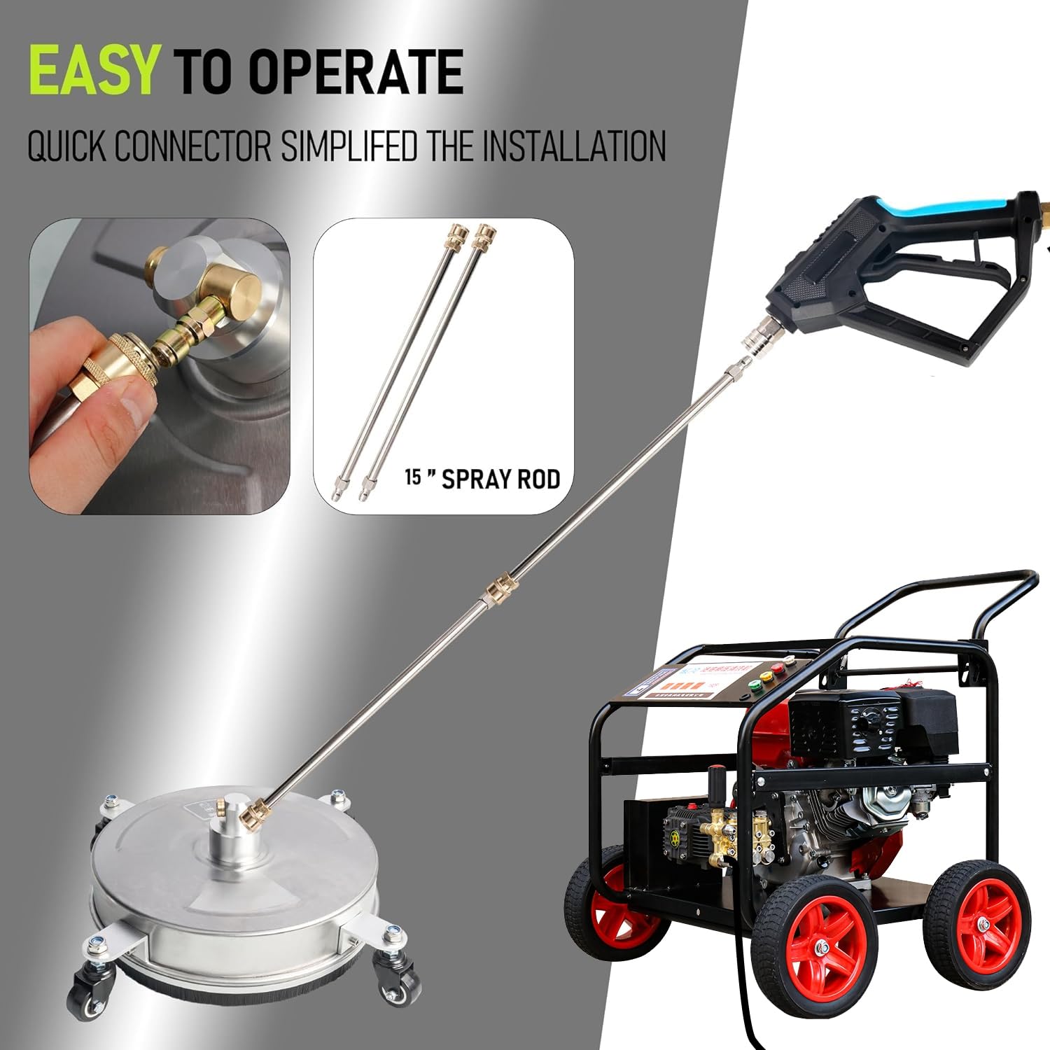 Pressure Washer Surface Cleaner, Stainless Steel Surface Cleaner with 4 Wheels for Driveways, Pathway, Sidewalks, Patios, Decks, with 3/8" Quick Connector Kit Hose Industrial