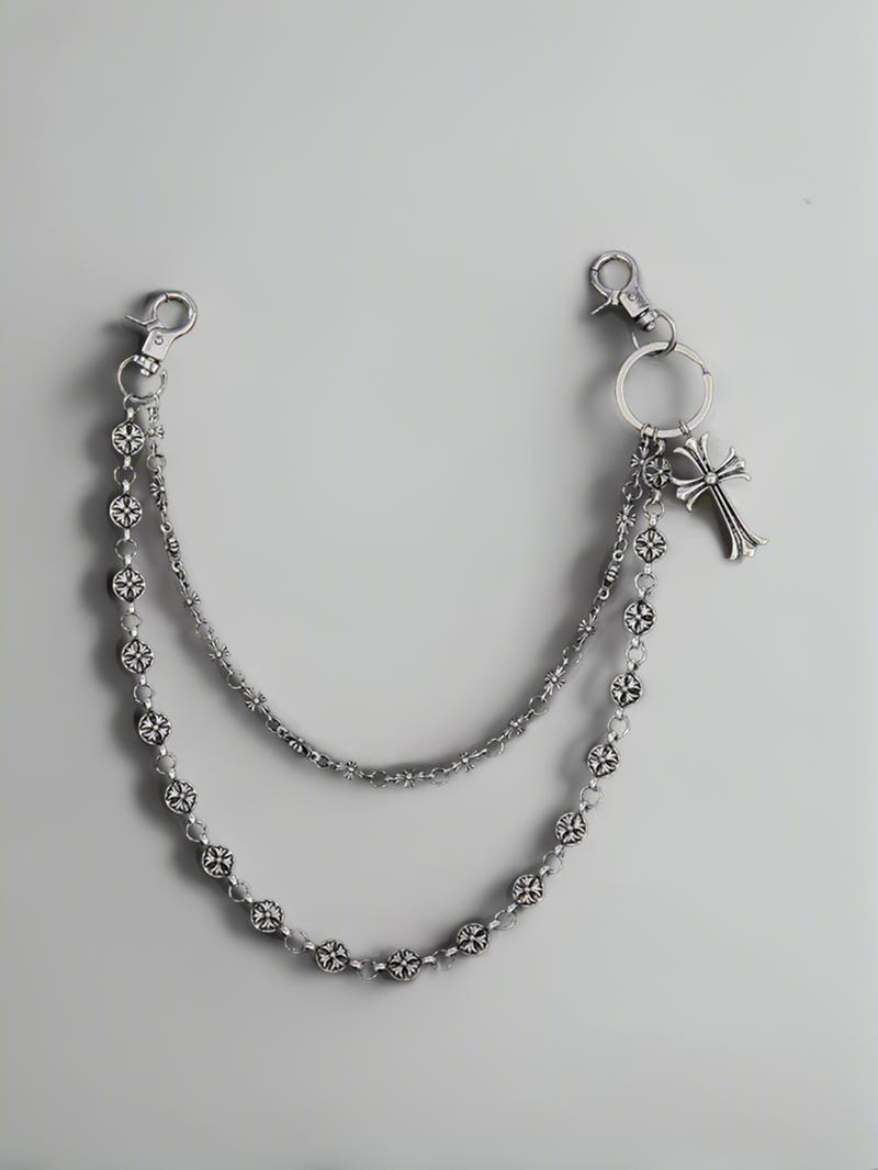 Double Layer Cross Waist Chain, Hip Hop Style, Denim Jeans Chain, Backpack Chain, Sword Bead Decoration, Vintage Punk Wallet Chain