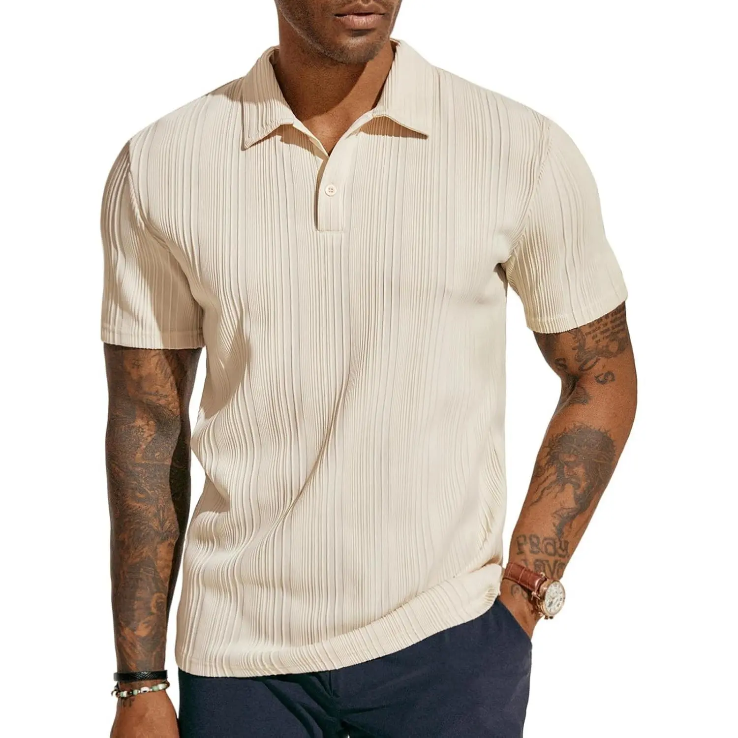 Mens Polo Shirts Short Sleeve Textured Knit Polos | Mens Textured Dress Polo Shirts, Golf Collared Shirt, Soft Stretch Lightweight, Business Casual Work Vacation Fashion Top