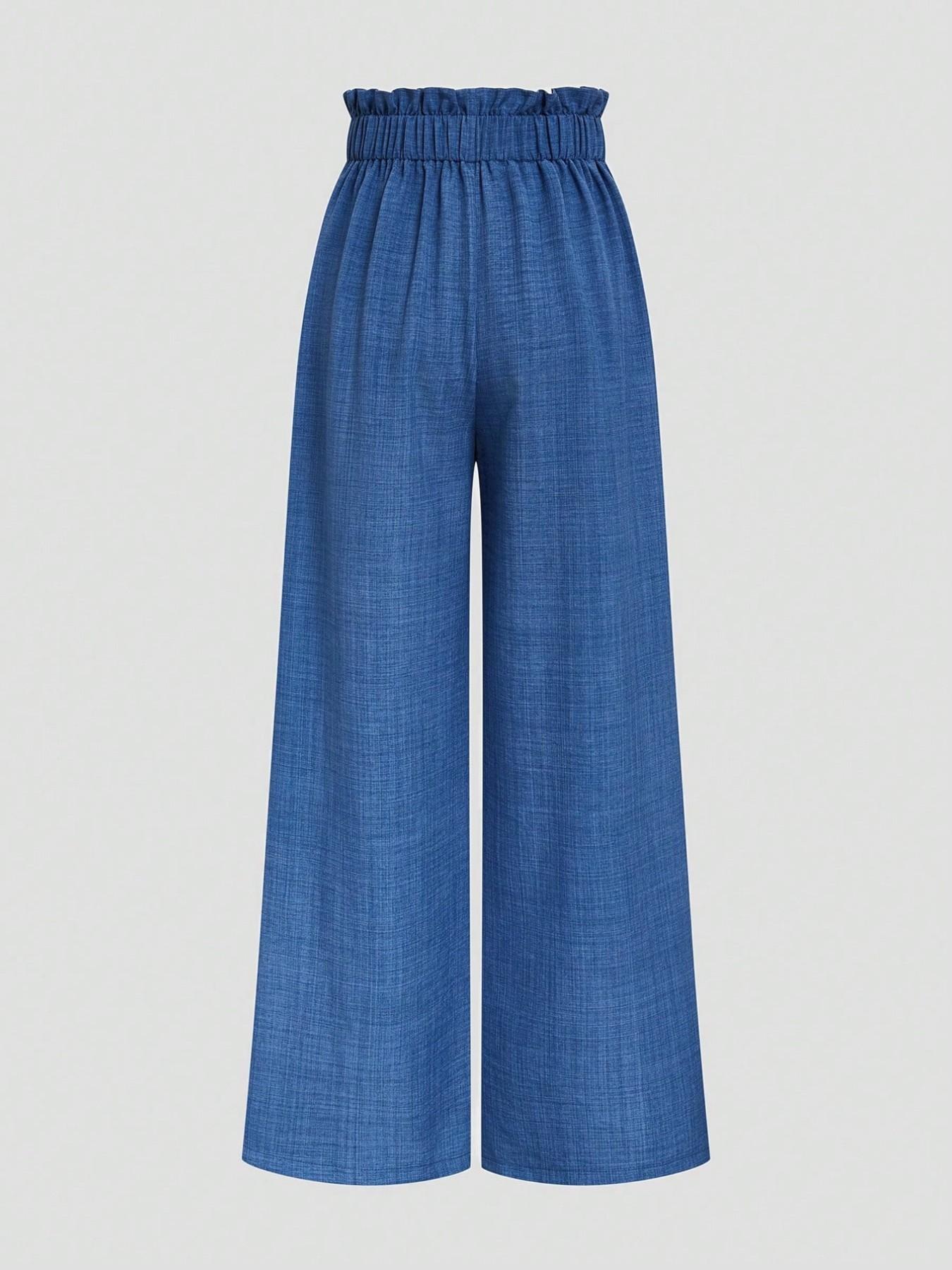 Elegant Minimalist High-Waist Wide-Leg Pants without Belt, Casual Loose-Fit Elastic Waist Long Trousers for Office, Women's Bottoms for Summer & Fall