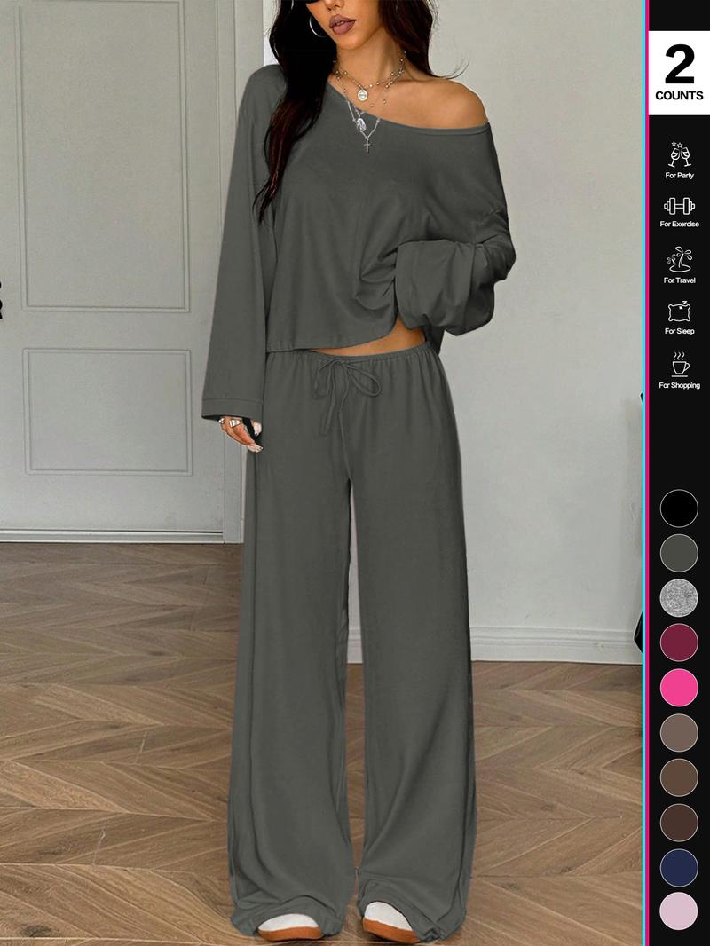 2026Women's Two-Piece Set, Long Sleeve Casual, Breathable Elastic Waist Pants, All-Season Basic Sleepwear, Comfortable Loungewear