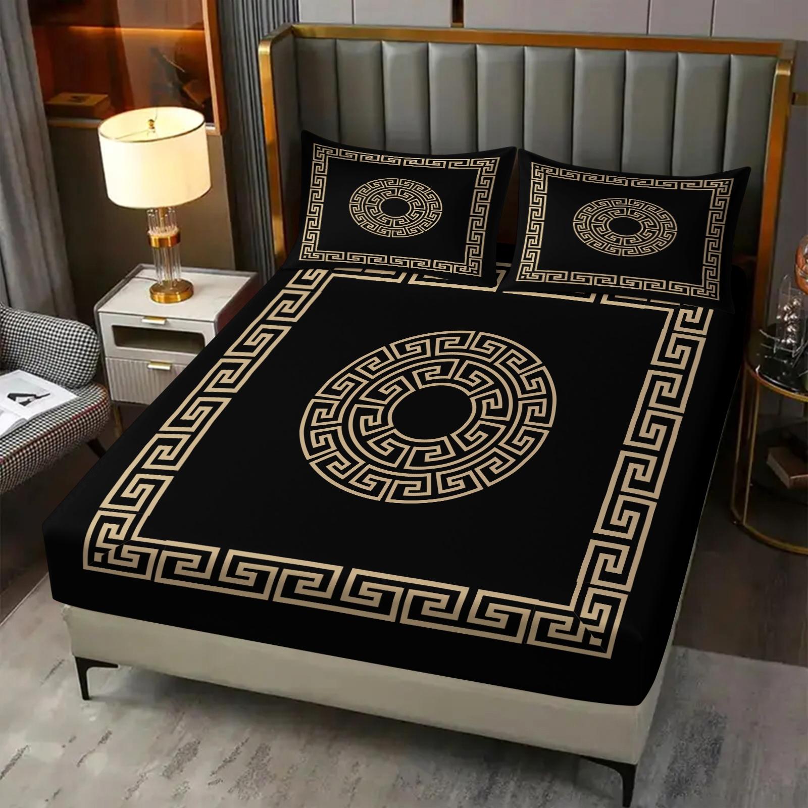 3 Pcs Solid Color Geometric Pattern Fitted Sheet Set,Includes 1 Fitted Sheet & 2 Pillowcases without Filler,Minimalist style, vintage and sophisticated look, soft and comfortable, Soft Bedding Sheet,Suitable for all seasons,Multiple styles available.