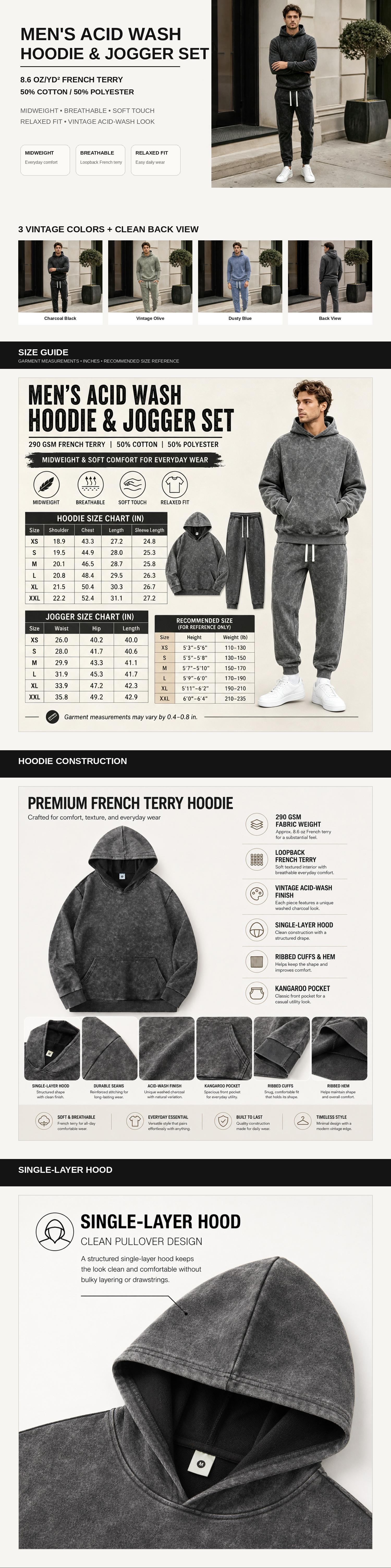 Men's Vintage Snow Mineral Wash 2-Piece Hoodie & Jogger Set, Premium Cotton Blend Midweight French Terry Sweatsuit, Relaxed Fit Deep Pockets Streetwear Tracksuit for Fall Winter, Gift for Boyfriend