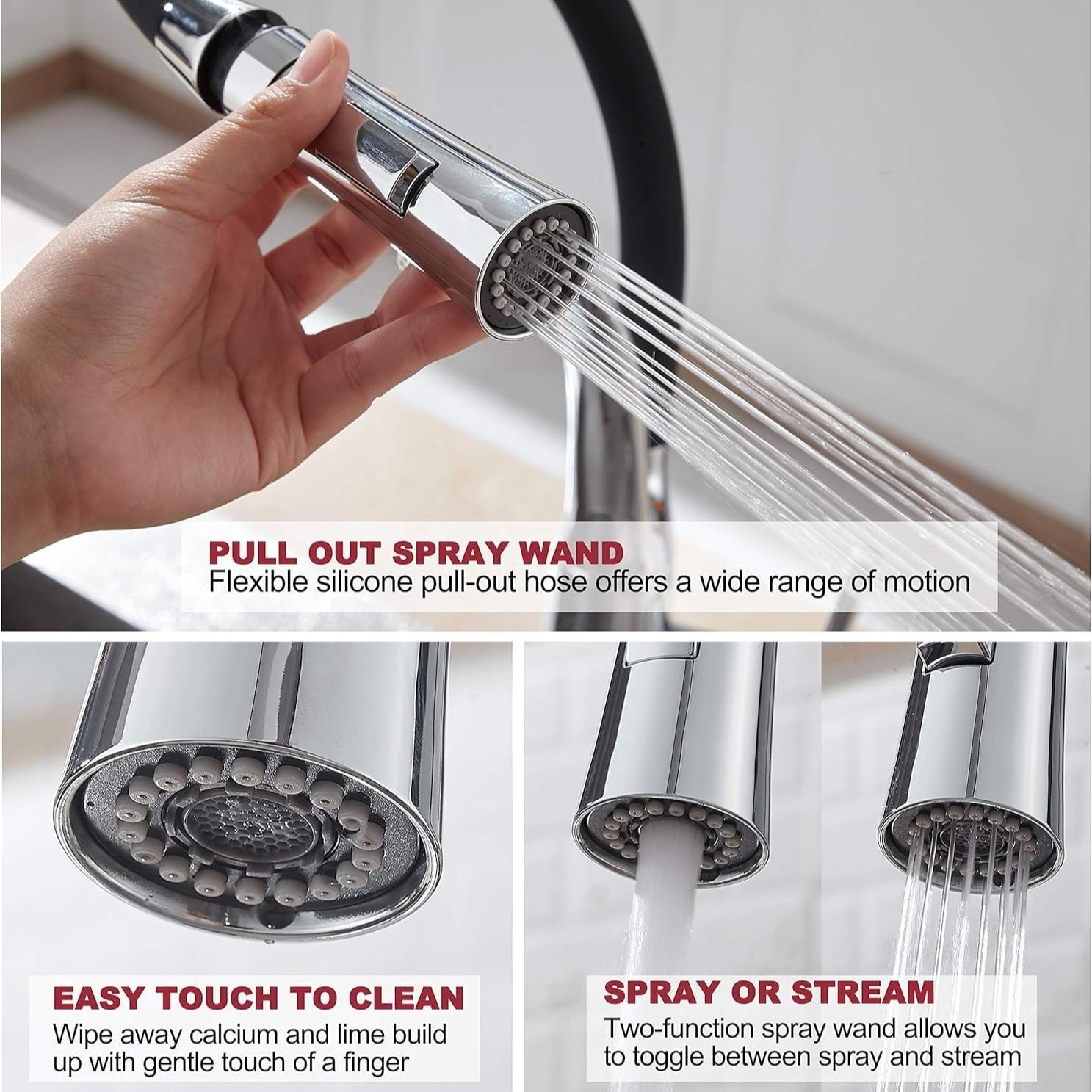 Extractable Kitchen Faucet Flexible Silicone Sprayer, Single Handle Pull-Down Brass Goose Neck, Modern High Arc, Polished Chrome Rubber Nozzle Hose