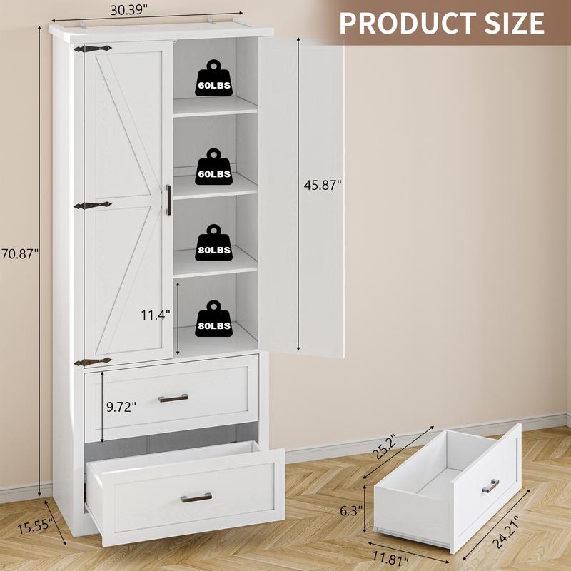 Pantry Organizers and Storage Cabinet, 71” Barn Door White Kitchen Cabinet with Drawers and Adjustable Shelf, Tall Pantry for Kitchen, Dining Room, Living Room. Bathroom and Office