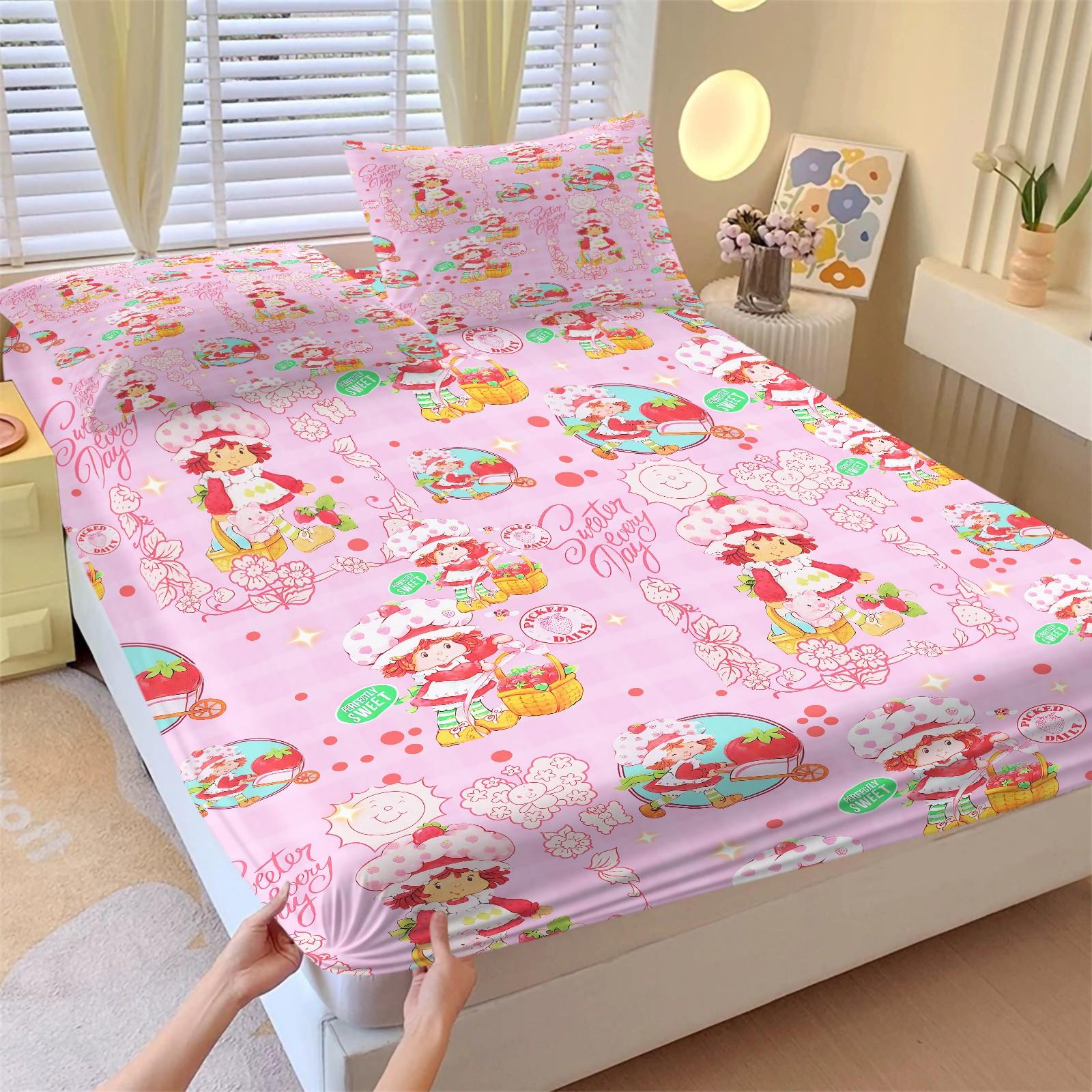 Strawberry Shortcake Gingham Fitted Sheet Set, 1 Fitted Sheet + 2 Pillowcases - 3 Pcs Soft Bedding with Deep Pocket, 360° Full Coverage, Wrinkle Free, Cute Strawberry Cartoon Bed Sheets for Girls, Full Size