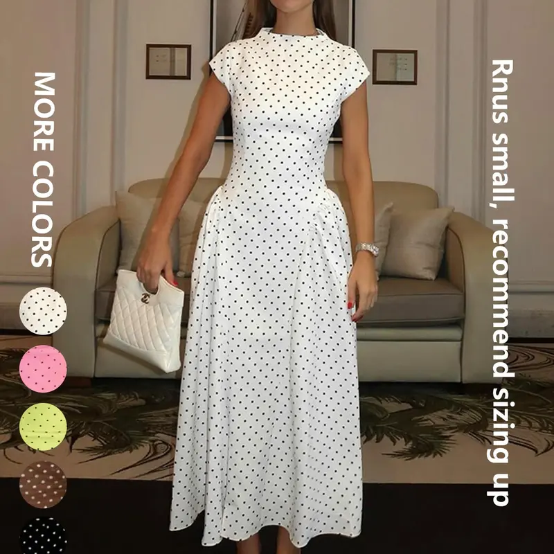 Boho Polka Dot Print A-Line Dress Elegant Party Summer Sleeveless Bodycon Solid  Dress, O-Neck New Fashion Bohemian Style Casual Maxi Dress for Women,Graceful Women Long Dress For Holiday White Summer Bohemian