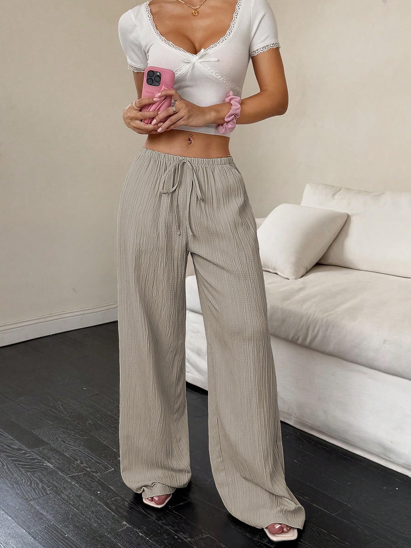 Women Casual Crinkle Fabric Loungewear Wide Leg Baggy Oversized Pants, High Waist Drawstring Loose Fit, Side Pockets, Breathable Soft, 8 Colors, XS-Xl
