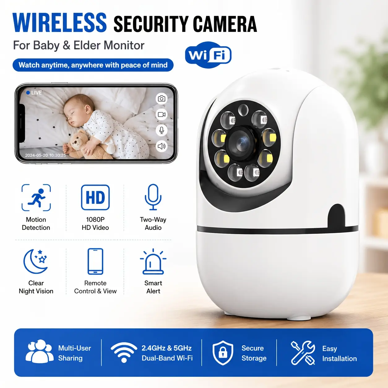 2MP Smart Home Security Camera, WiFi Rotatable Model with AI Human Detection, Auto Motion Tracking, 2-Way Talk, Full Color Night Vision, Dual Band WiFi 6, TF Card/Cloud Storage Support (Max 256G), Built-in Hotspot, White