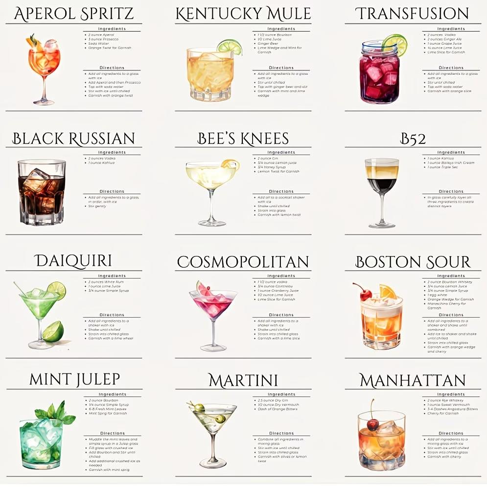 Bartender Starter Cocktail Recipe Cards, Classic Drink Quick Reference Guide, Perfect for Beach Home Bar Parties, 27 Cards 54 Recipes