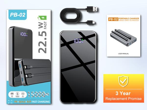 Portable Charger Power Bank - 15000mAh Battery Pack Portable Phone Charger with Built in Cables 22.5W Fast Charging Powerbank Compatible with iPhone Android Samsung Phone, Travel Camping Essential