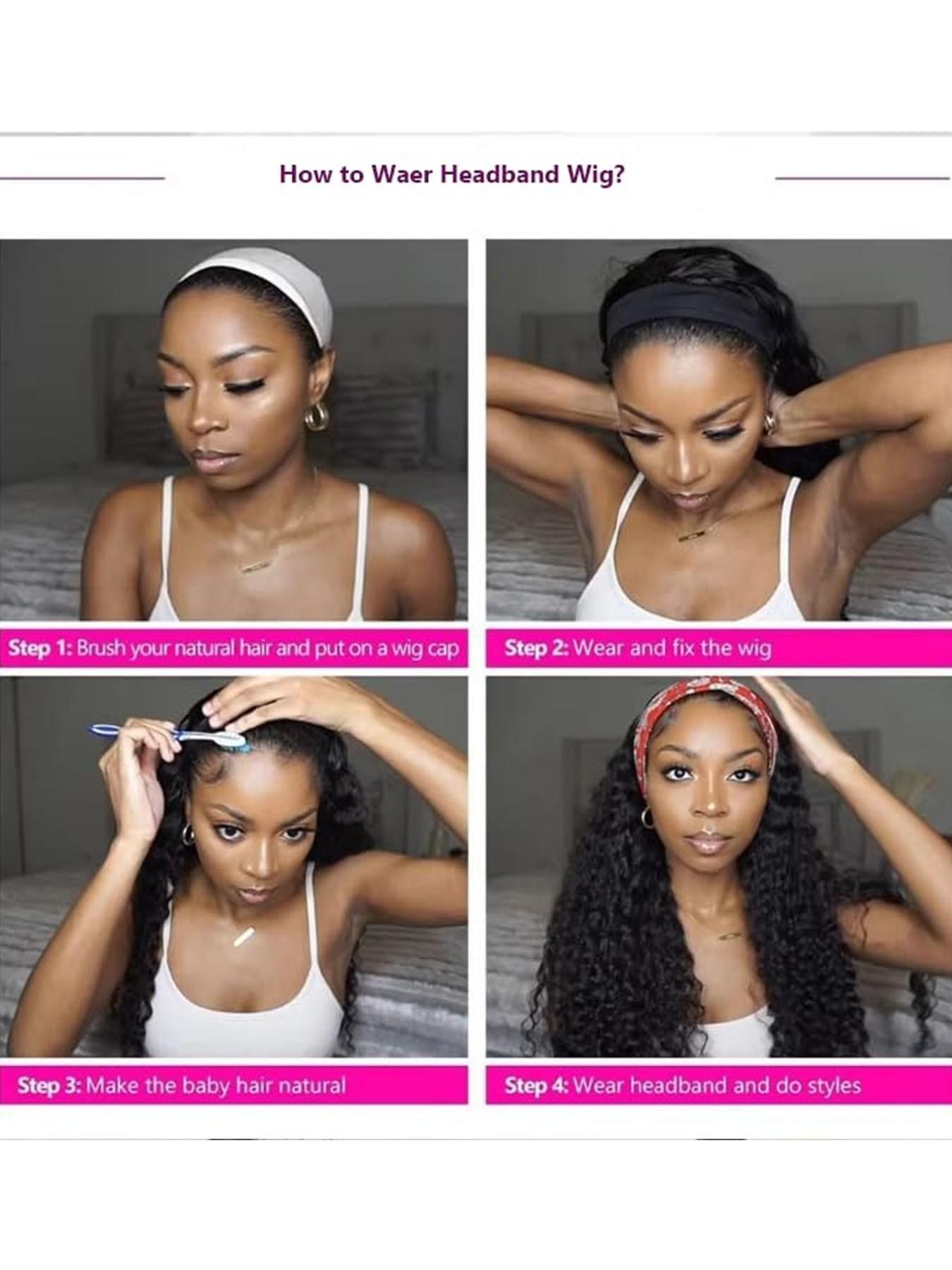 Headband Wig Synthetic Hair Deep Wave, Deep Wavy Hair, 24 Inch Glueless Brazilian Virgin Hair, No Lace Front, Machine Made, for Women