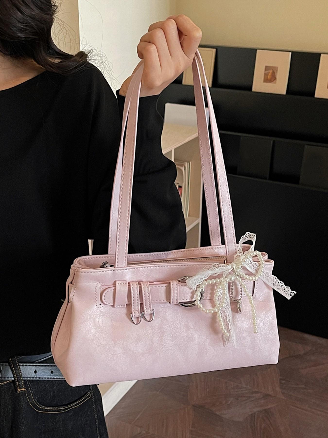 Gentle, sweet and cute style with a light luxury texture under the arm bag, decorated with lace and pearl bow, elegant atmosphere, fashionable and personalized shoulder bag, Fashion Bags, can accommodate mobile phones and lipstick