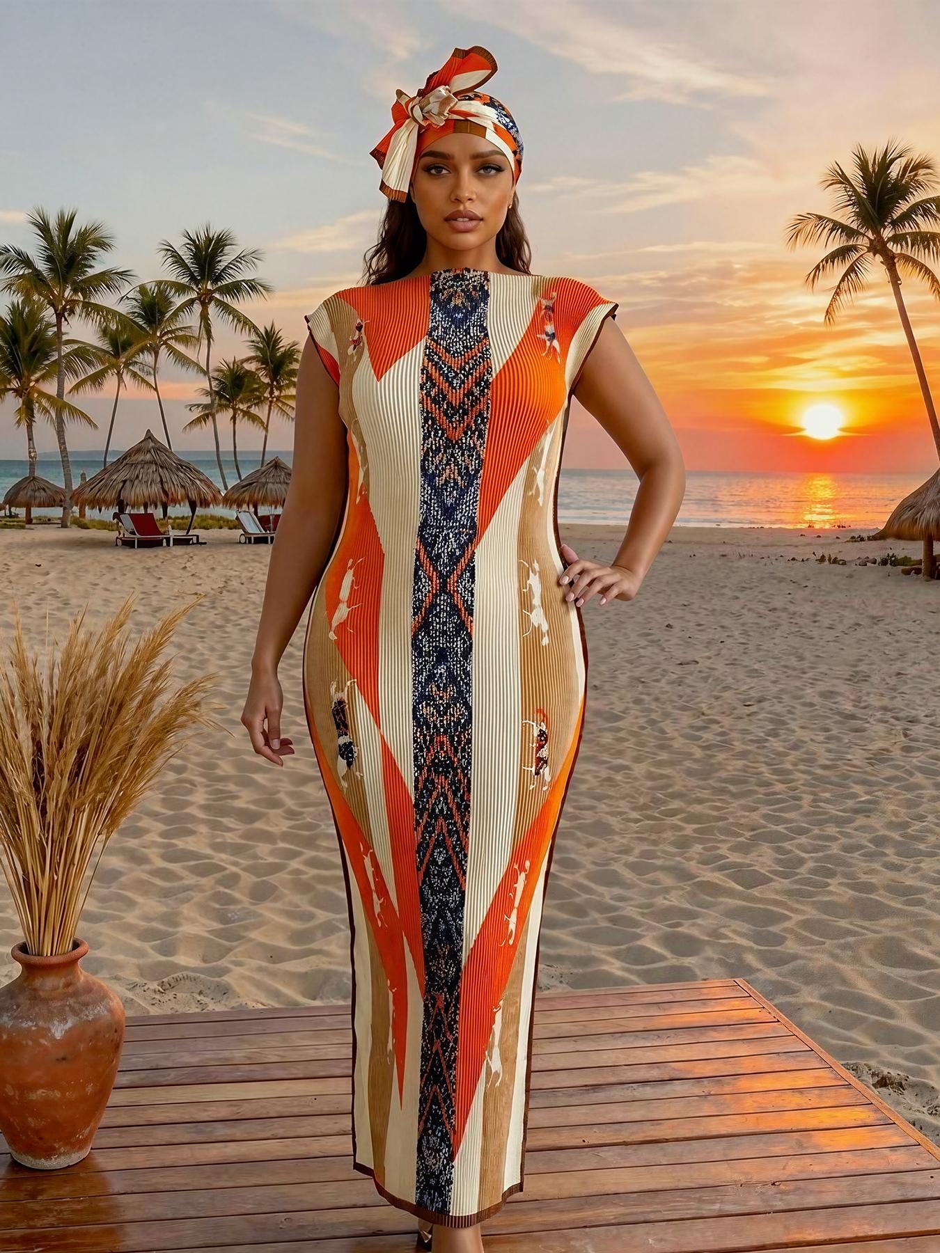 Women's Elegant Animal Print Long Dress Set, Slim-Fitting Moo Moo Skirt & Scarf, Beach Sun Protection Shawl, All Seasons Fashion