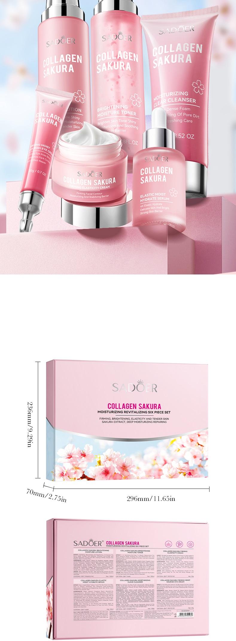Sakura Collagen Skin Care Kit, 6 Counts/set Moisturizing Skin Care Kit, Including Hydrating Facial Serum, Toner, Facial Cleanser, Lotion, Face Cream, Eye Cream, Women's Skin Care Products