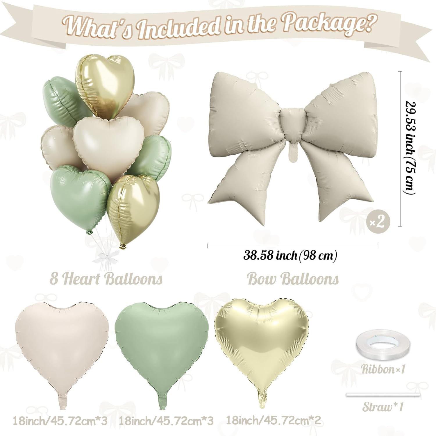 Green gold heart-shaped bow balloons, 8 18 inch heart-shaped balloons and 2 38 inch bow balloons (with 2 accessories), suitable for boys, girls, baby showers, wildlife park jungle birthdays, wedding party decorations