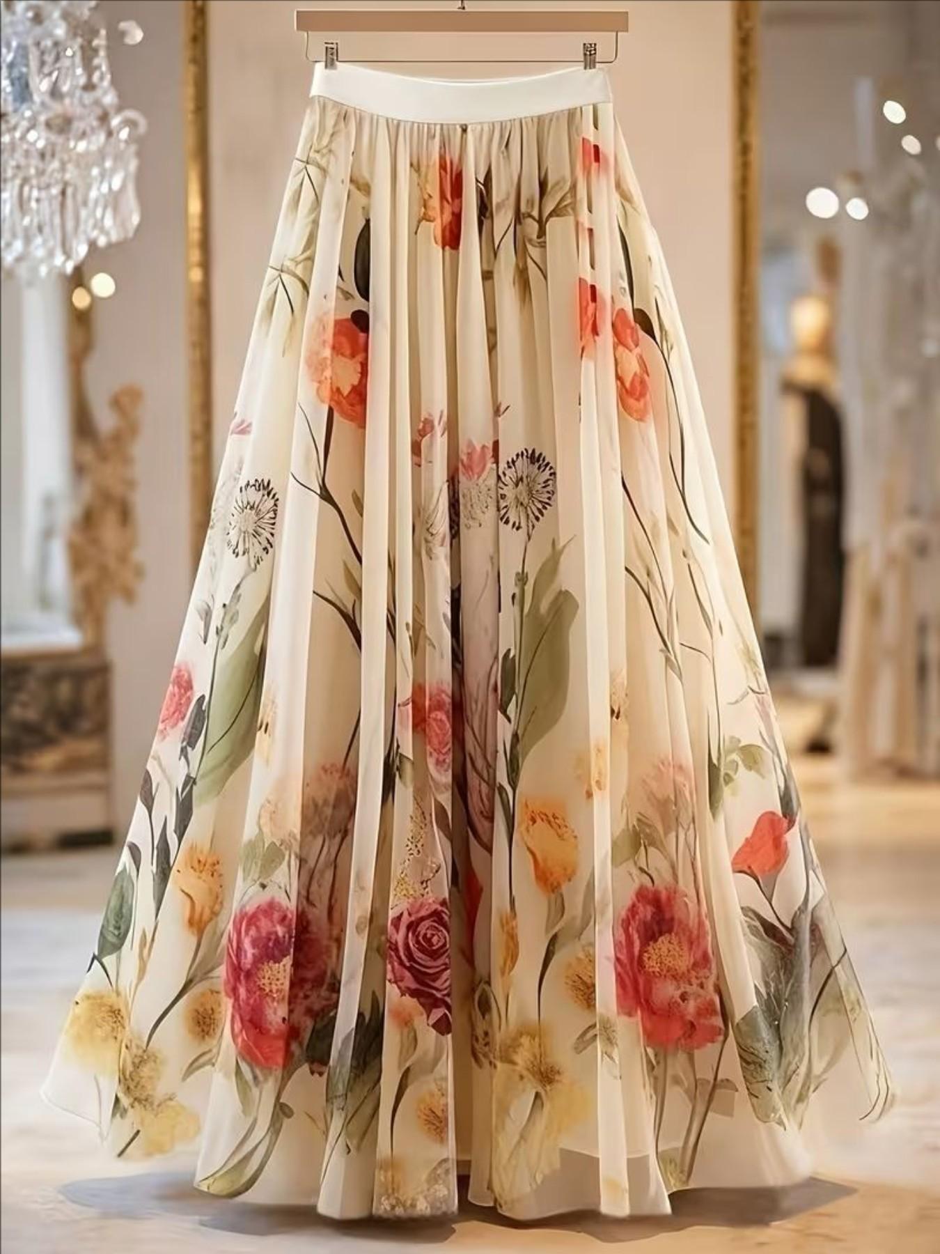 Women's Floral Print Long Skirt, Sheer Mesh Material, Elegant Half-Length Dress, Perfect for Casual & Special Occasions