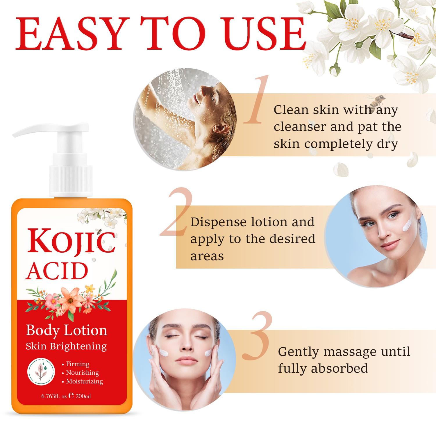 Kojic Acid Body Brightening Lotion, Improves Dull Skin, Even Tone, Tightens Loose Skin, Deep Moisturizing, Smooth Texture, 200ML