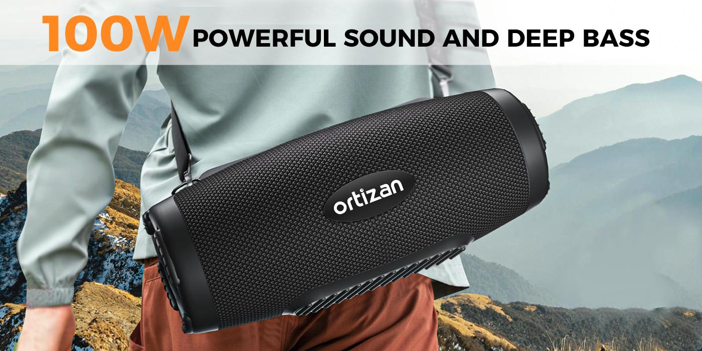 【Ortizan】 100W Bluetooth Speaker - Powerful Sound and Deep Bass, Portable Wireless, IPX7 Waterproof, 12H Playtime, Power Bank, EQ, USB, LED Lights - Outdoor Loud Subwoofer Boombox for Party, Camping Weatherproof Loudspeaker System