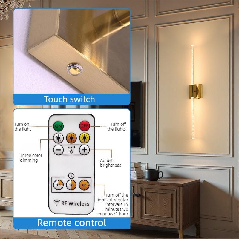 Set of 2 LED Wall Sconces, Black and Gold / 80cm Modern Rectangular Crystal Wall Sconces - Rechargeable with Remote Control - Dimmable - Ideal for living room accent walls, hotel corridors, hallways, and home interiors