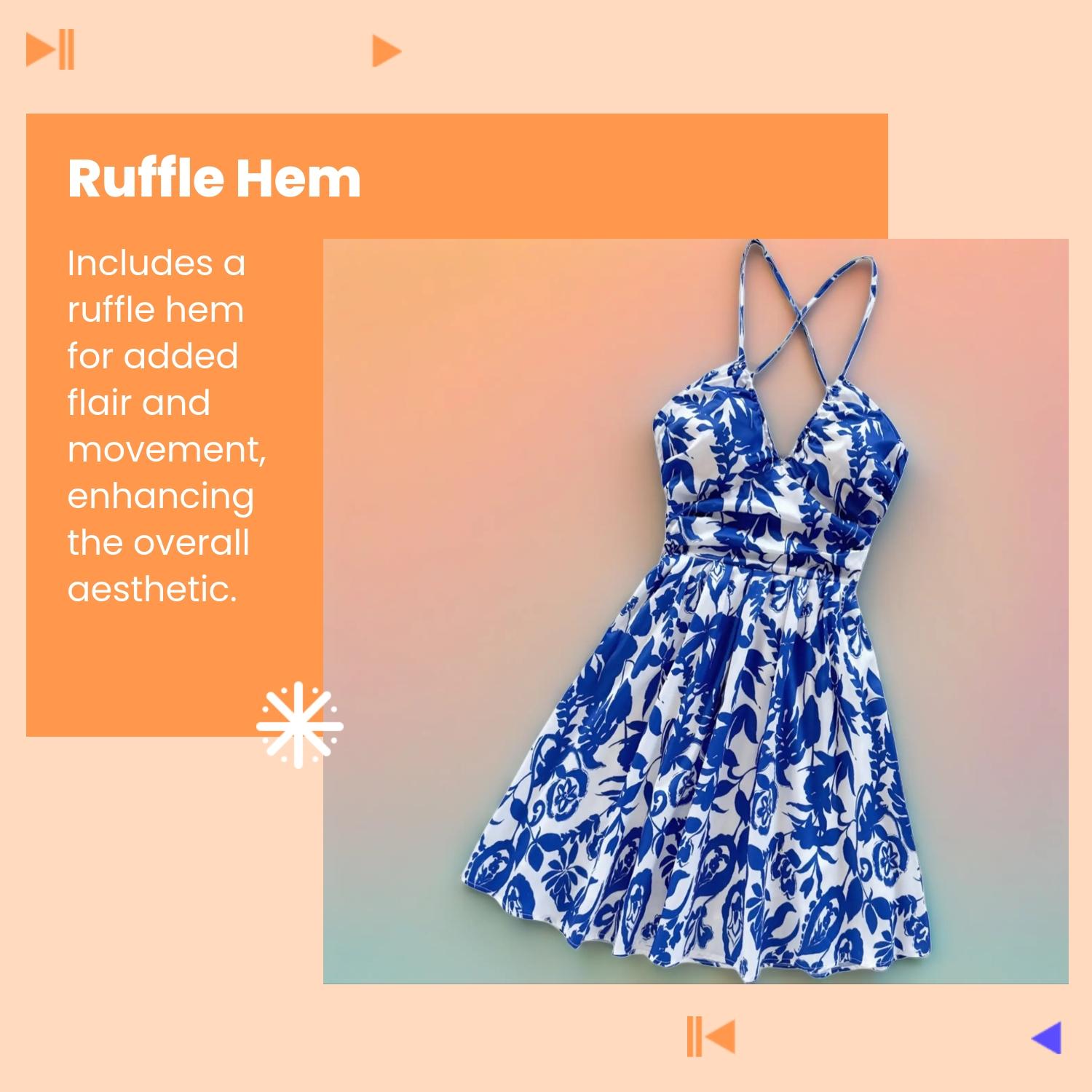 Women's Vacation-Style Blue & White Floral Print Deep V-Neck Backless Bowknot Back Ruffle Hem Dress, Suitable For Weddings, Graduations, Back To School, Cute Lunch, Sexy Bachelorette, Summer