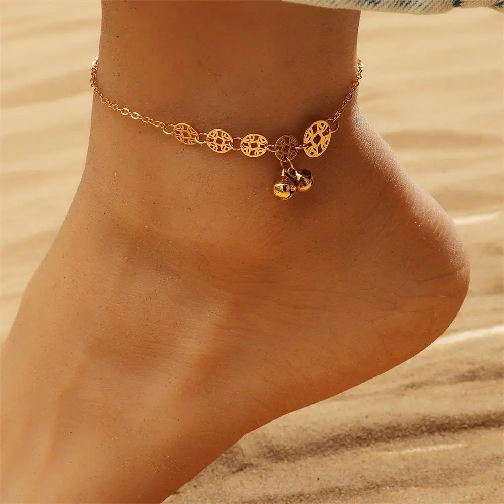 New Stainless Steel Fashion Coin Bell Pendant Anklet For Women Foot Accessories Beach Barefoot Sandals Ankle On The Leg