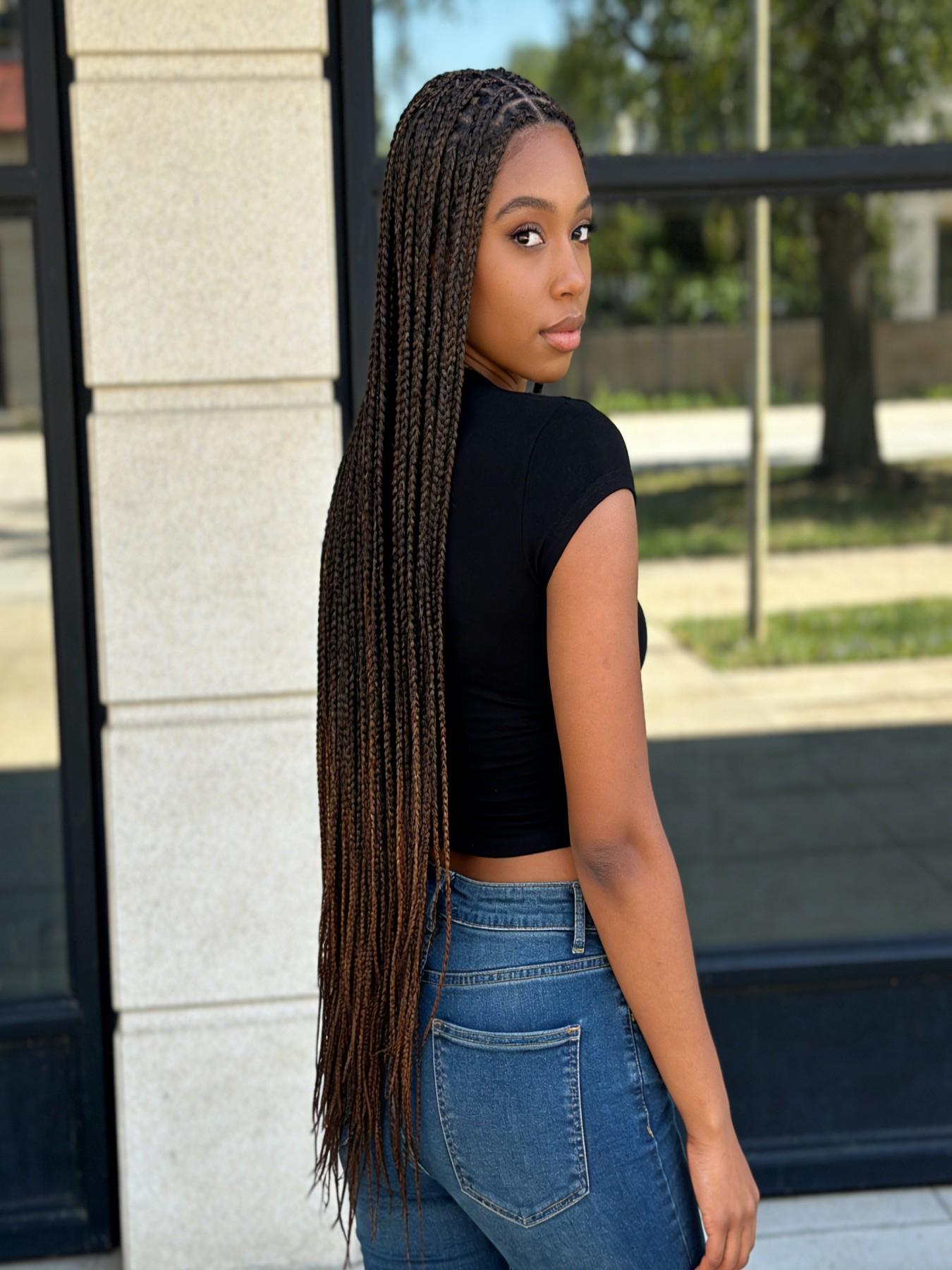 36 Inch Full Lace Box Braided Wig for Women, Pre-Plucked Natural Hairline, Knotless Braids, Handmade Extra Long Cornrow Braids with Baby Hair