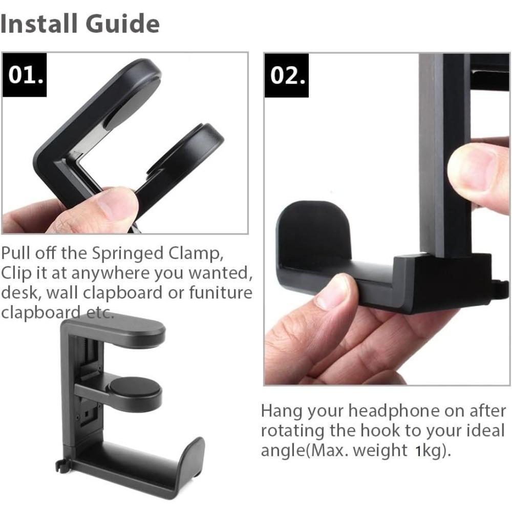 Rotating headset bracket-computer game headset bracket, adjustable clip under the table, with 360-degree rotation and cable clip organizer-black