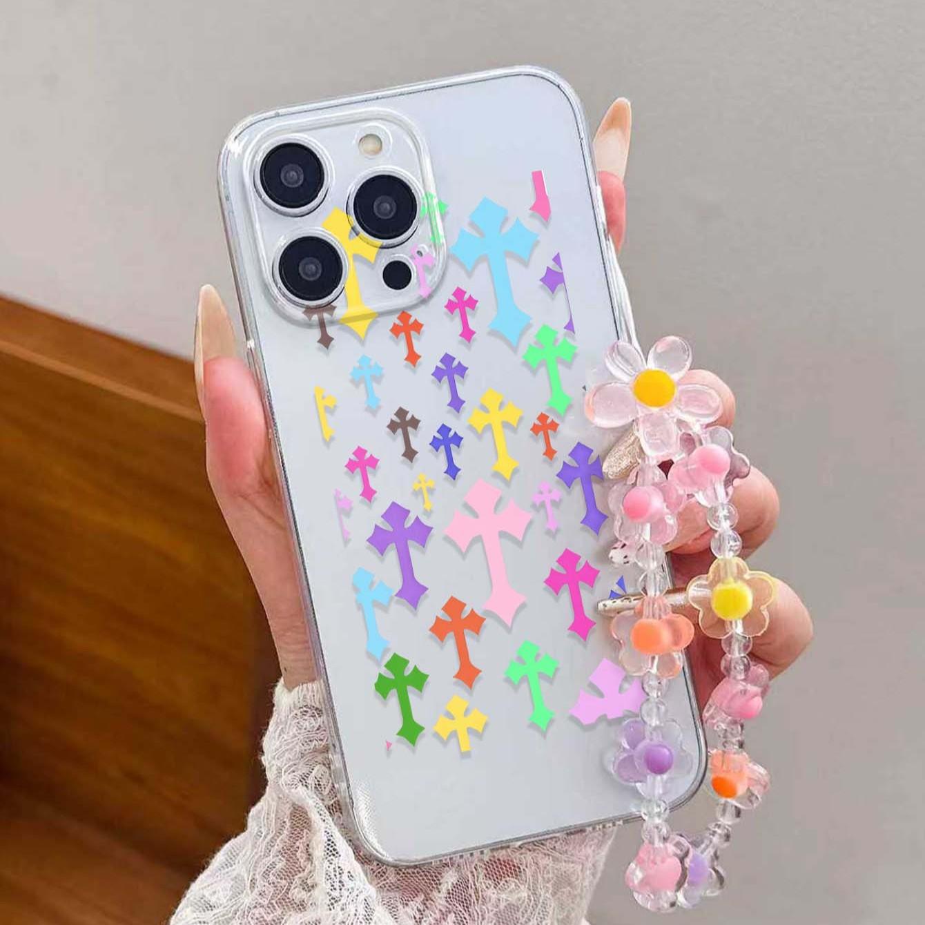 1pc Multicolor Cross Pattern Transparent Anti-Drop Phone Case with Lanyard, Compatible with iPhone 11/12/13/14/15/16 Series, Fashionable Design