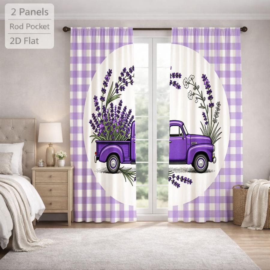 2Pcs Farmhouse Plaid Lavender Truck Floral Sun Blocking Curtains Digital Printed Rod Pocket, Window Treatment For Bedroom Office Kitchen Living Room Study Home Decor
