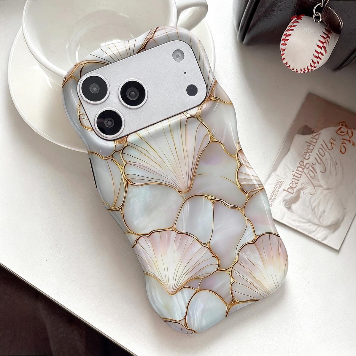 Shockproof Protective Smartphone Case for 6.1-6.7" Phones, Dual PC+TPU Blend with 2D Pearl Shell Ginkgo Leaf Golden Line Print, Marble Design, Camera Cover, Wavy Curved Raised Edges, Glossy Finish, Non-Slip, Easy Installation, Aesthetic Boost