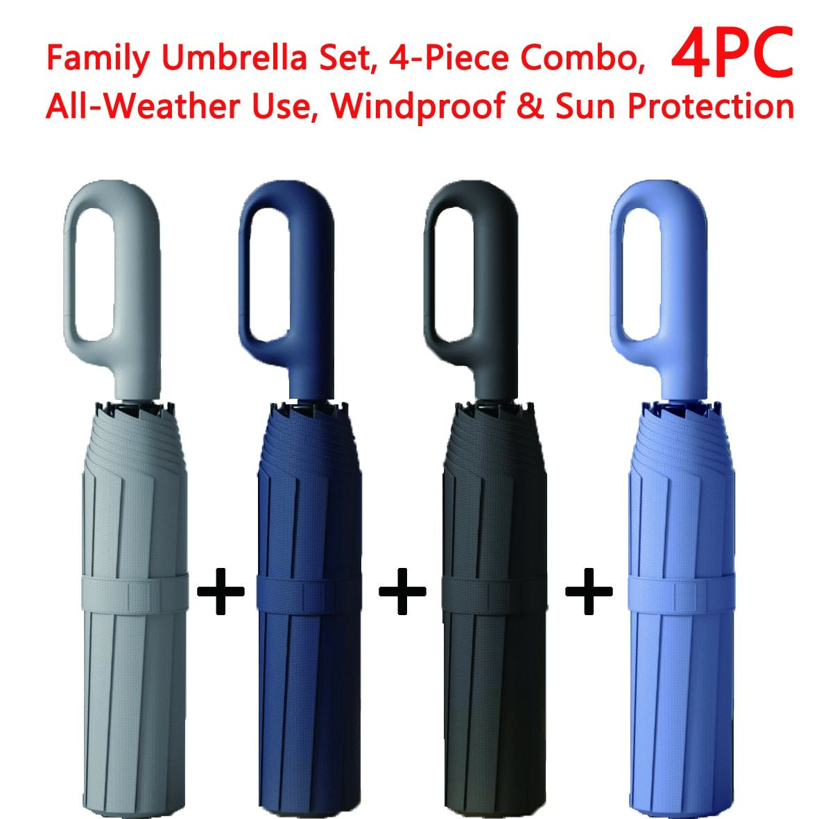 Creative Ring Handle 10k Dual Bone Rain Umbrella Set, Windproof Waterproof, Portable Design, Automatic Opening, Four-Piece Combination, Folding Umbrella, Rainproof Umbrella