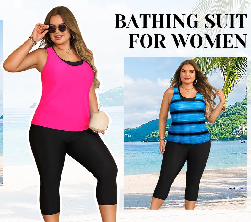 Yonique Three Piece Plus Size Swimsuits for Women Tankini Tops with Sports Bra and Swim Capris Athletic Bathing Suits