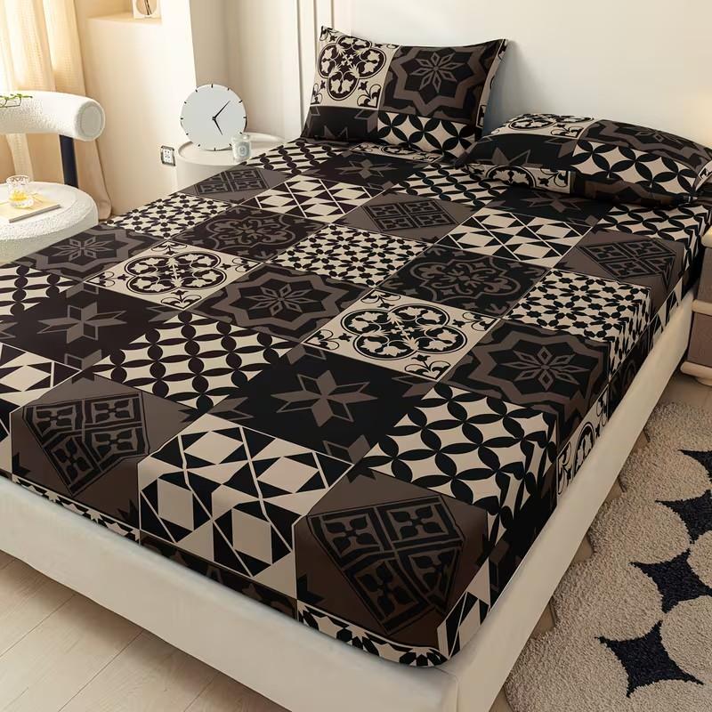 3-Piece Geometric Patchwork Bedding Set, All-Season Mattress Protector, Soft Breathable Deep Pocket Sheet & Pillowcases, Bedroom Decor