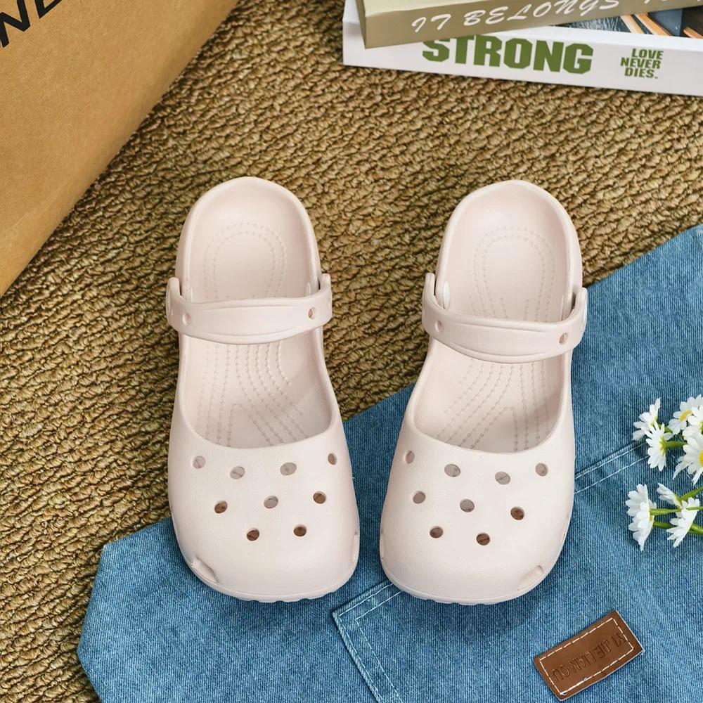 Retro EVA Outer Wear Mary Jane Slippers Shoes Summer New Women's Cute Ballet Hole Shoes Anti Slip Outdoor Beach Sandals