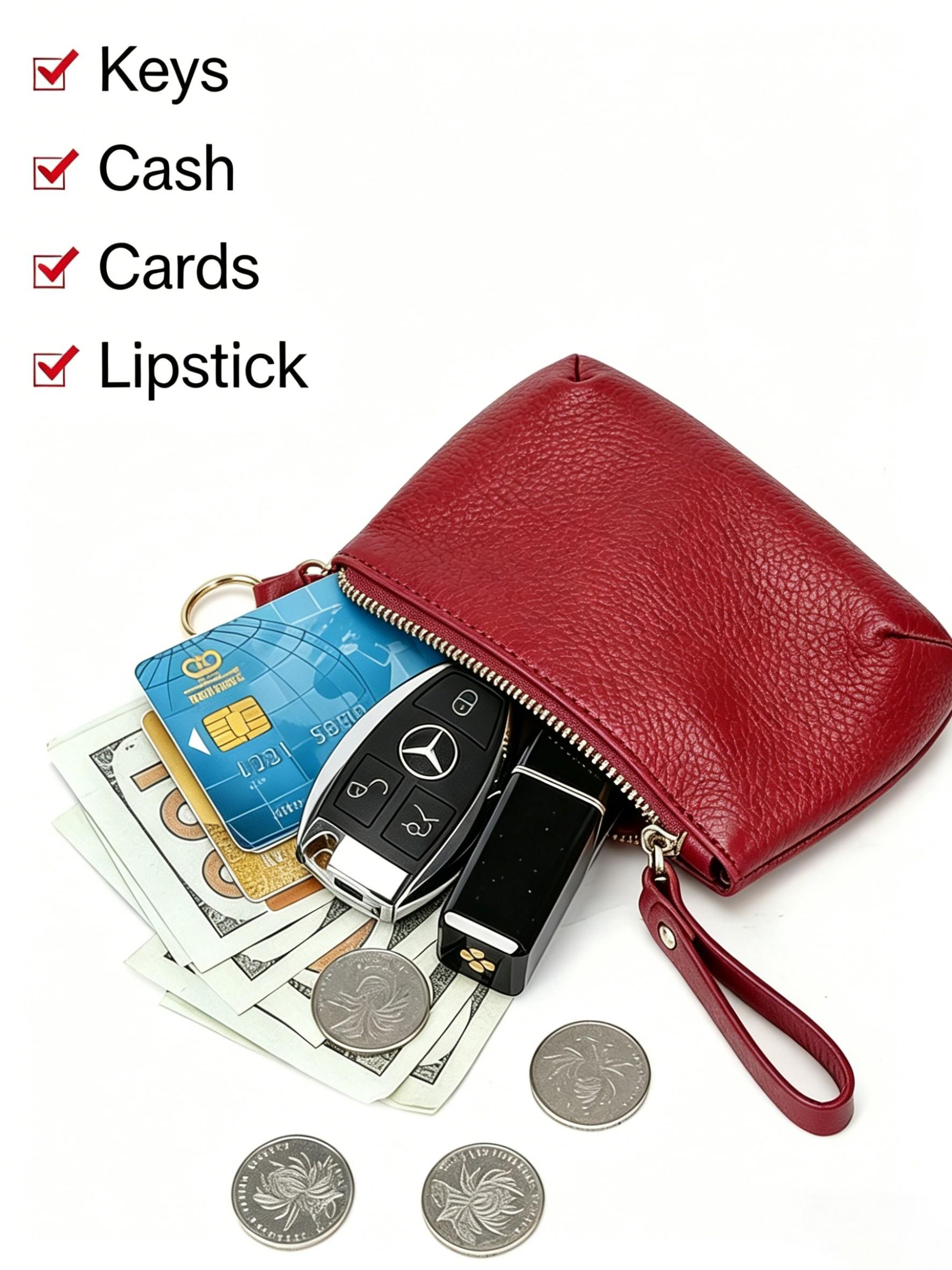 Women's Leather Coin Purse Keychain Wristlet Wallet, Zipper Closure Design, Multiple Colors Available, Keychain Included, Ideal Gift for Women
