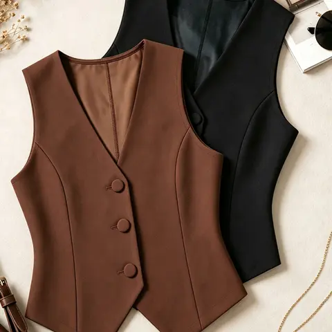 Women's 2-Piece Slim Fit V-Neck Vest Set, Button Design, Casual Elegant Style, Perfect for Commuting and Daily Dates