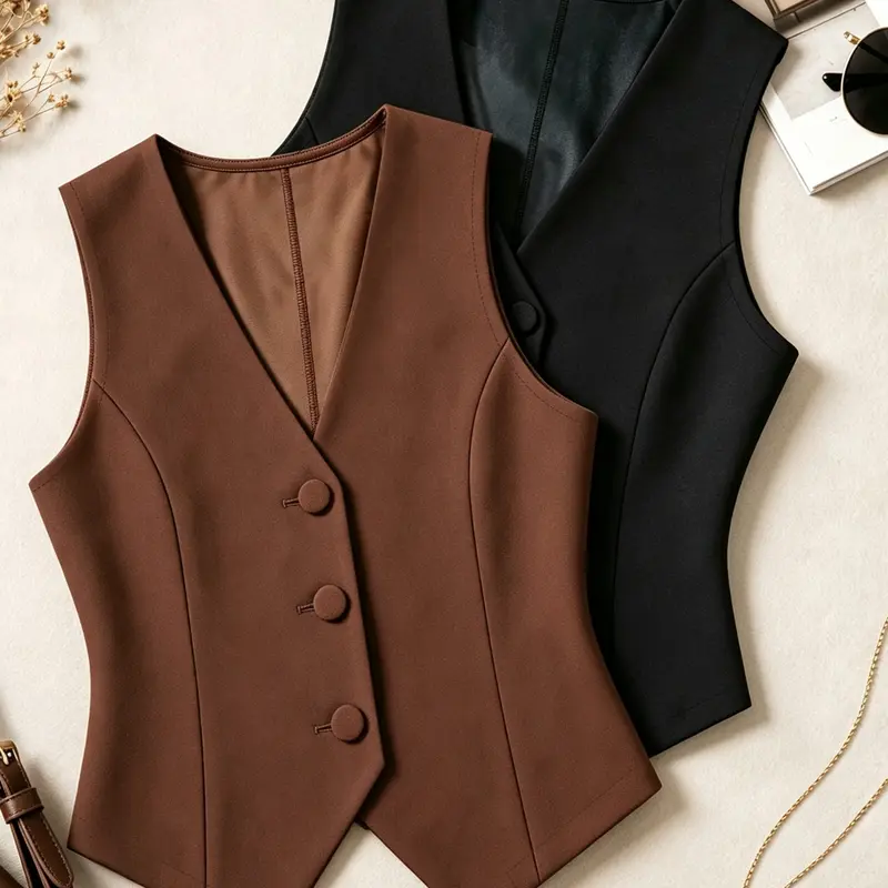 Women's 2-Piece Slim Fit V-Neck Vest Set, Button Design, Casual Elegant Style, Perfect for Commuting and Daily Dates