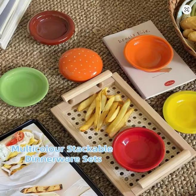 New Stackable Ceramic Burger Plate Mini Multicolor Hamburger Plate Set Easy to Clean 5-Layer Divided Plates