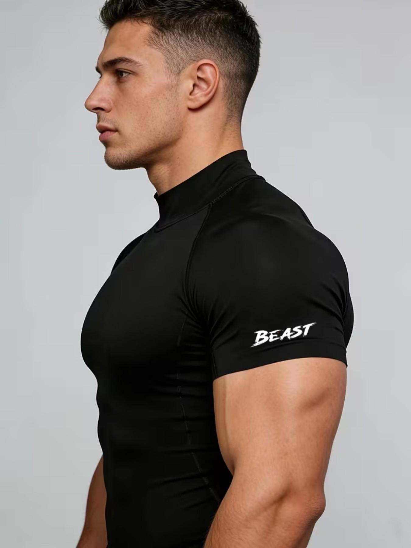 Men's Slim Fit Fitness Tee - BEAST Sleeve Print, High Stretch, Polyester Blend, Fitness Apparel, Fitness Clothes, Perfect for Gym, Weight Training & Street Style, Black