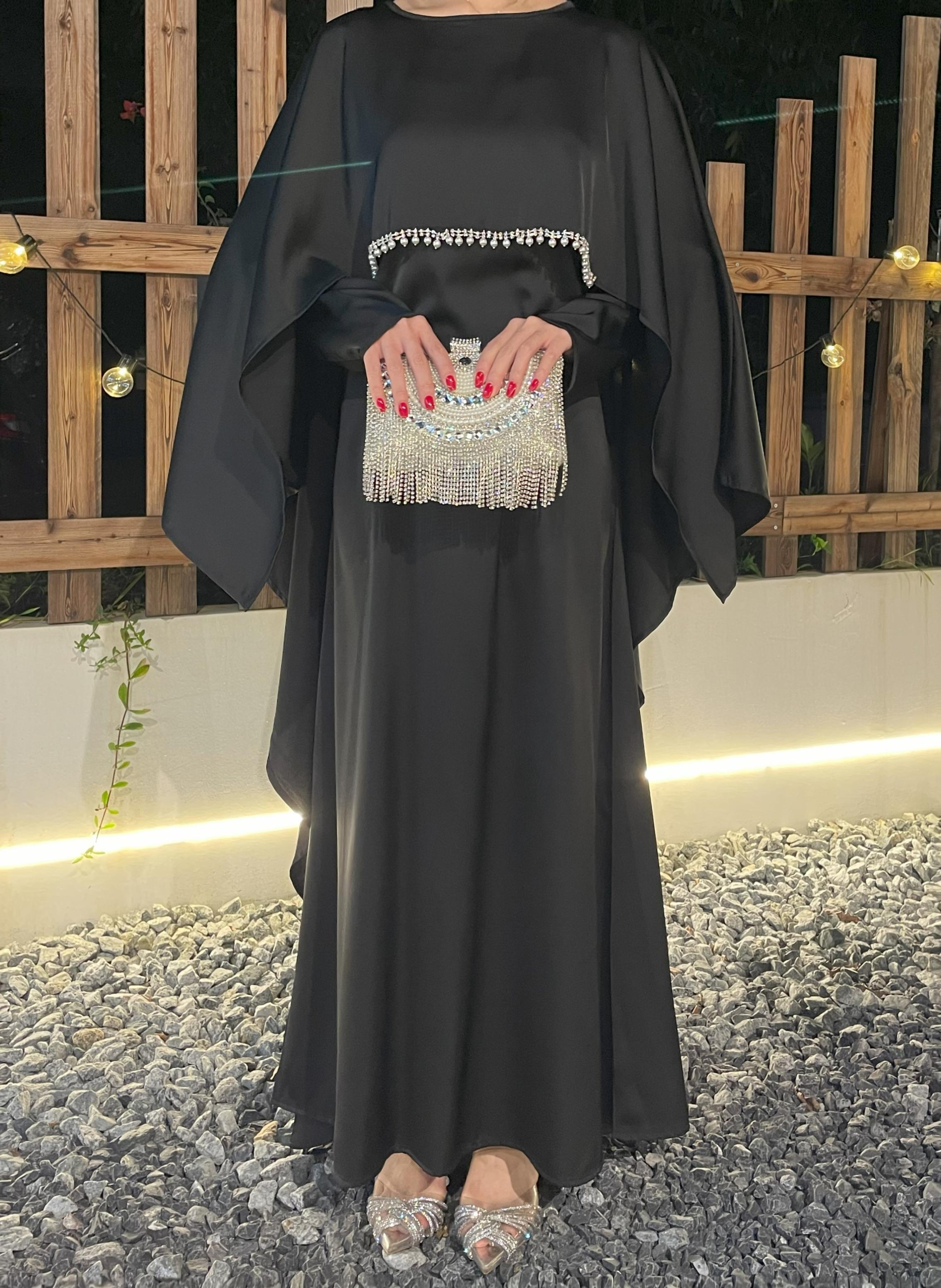 CL43 Satin cape elegant Muslim dress, Modest Party Open Butterfly Pearl rhinestone Abayas, For Evening Party/Wedding Guest/Anniversary,Unique design, luxurious texture,Fashionweek