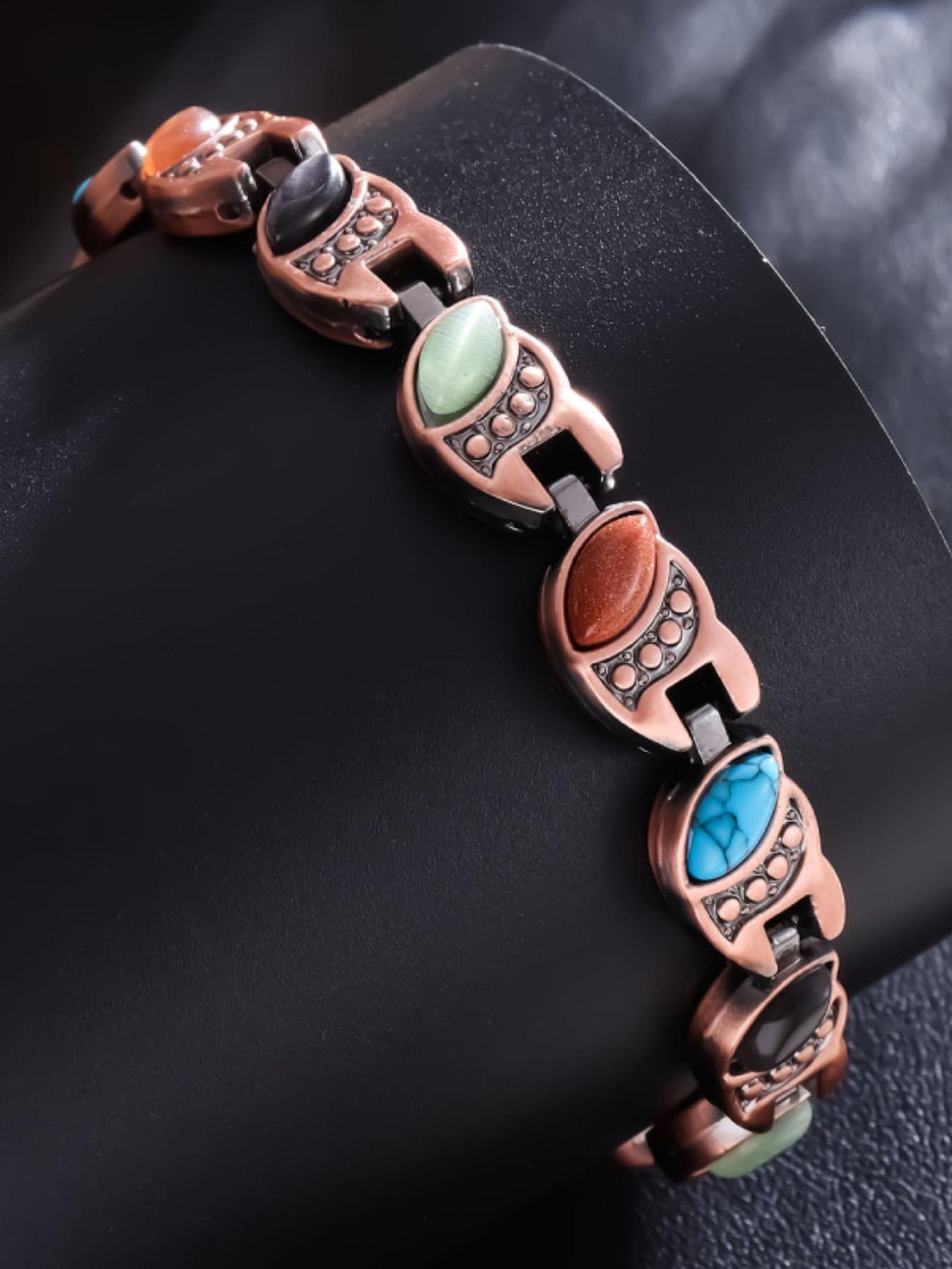 Vintage Magnetic Therapy Bracelet for Women, Couple Sleep Aid Wristband, Solid Copper, Multicolor Stones, Fashion Retro Jewelry