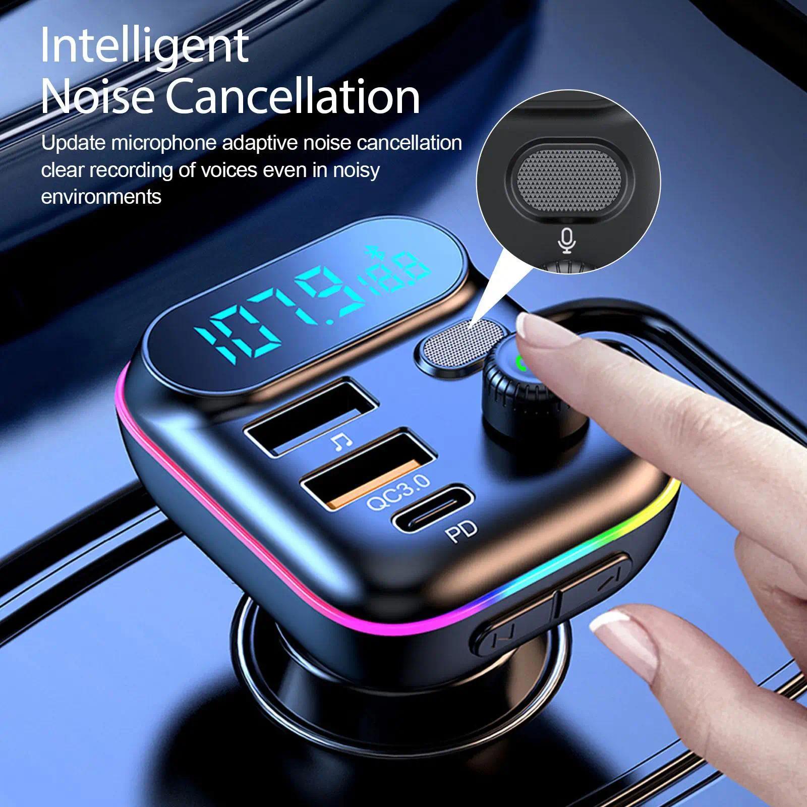 Bluetooth Car Adapter, In-Car FM Transmitter with Bluetooth 5.0, 18W PD Fast Charging, QC3.0, USB + PD Ports, Type-C, Colorful Ambient Light, Dual Music Player, Bluetooth Calling, Cigarette Lighter Accessory with Easy Setup