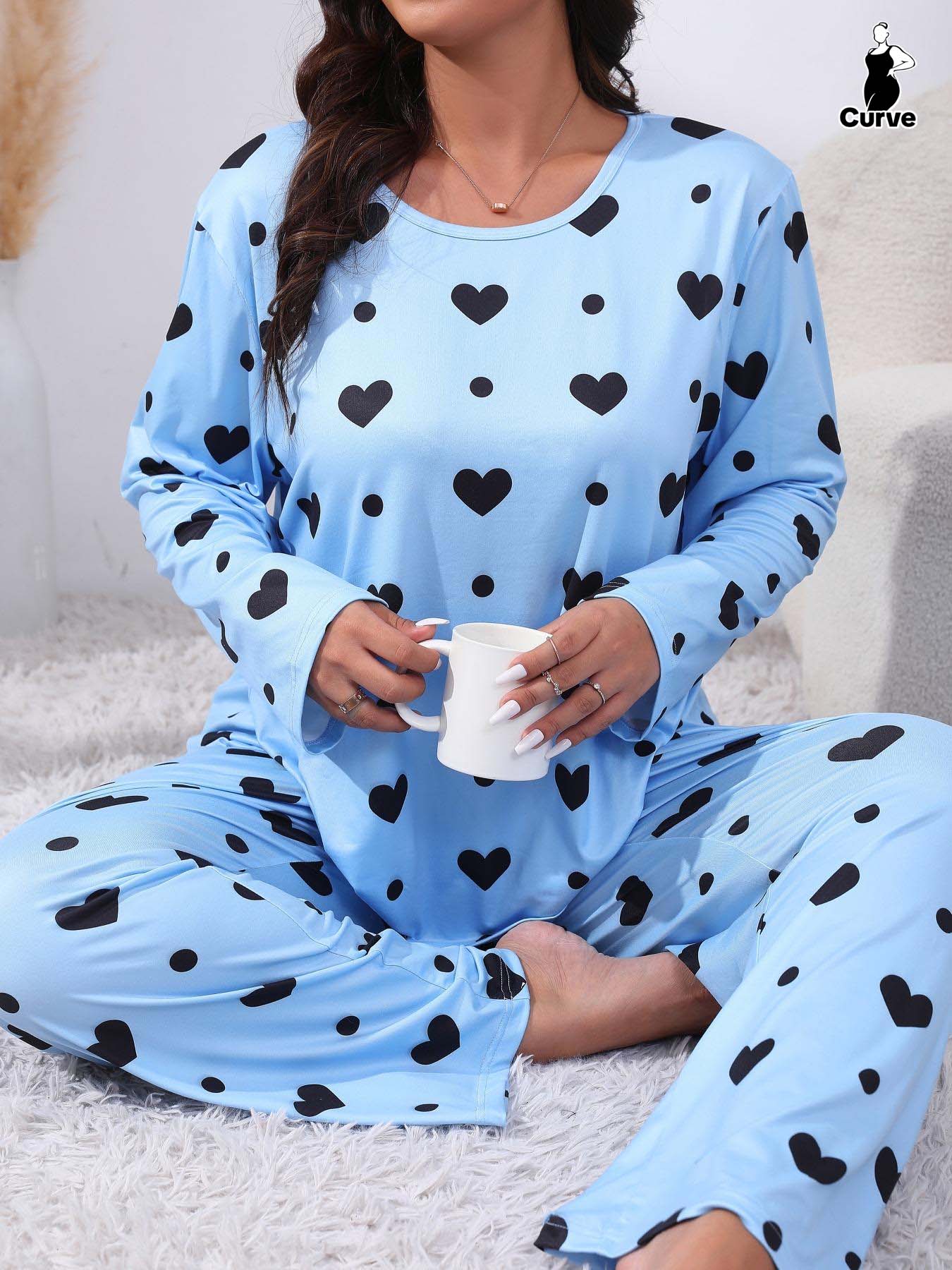 Plus Size Heart Print Drop Shoulder Pyjama Set, Casual Comfy Long Sleeve Round Neck Top & Trousers PJ Set, Pajamas, Summer Outfits 2024, Women's Sleepwear for Spring & Fall