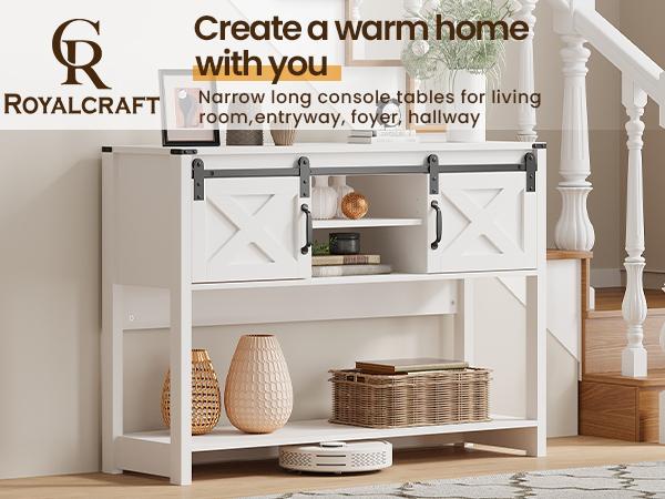RoyalCraft Entryway Table with Storage, 46" Modern Farmhouse Console Table with Sliding Barn Door, Wood Rustic Sofa Table with Adjustable Shelf for Hallway, Living Room, Foyer