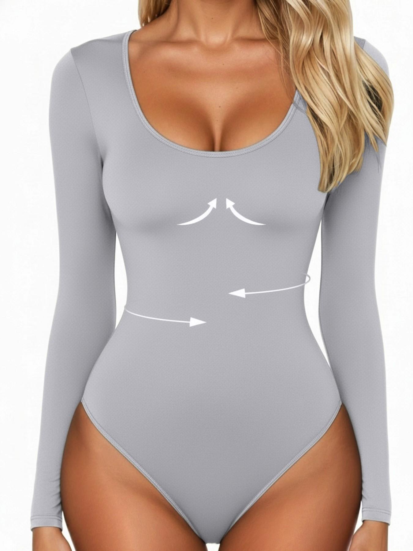 Women's Ribbed Abdomen Control Bodysuit, Long Sleeve Seamless T-Shirt, Comfortable Scoop Neck Bodysuit Stretchy Basic Tops, Fit Soft Elastic Fabric, Perfect for Daily Wear and Going Out, Shapewear for Fall&Winter