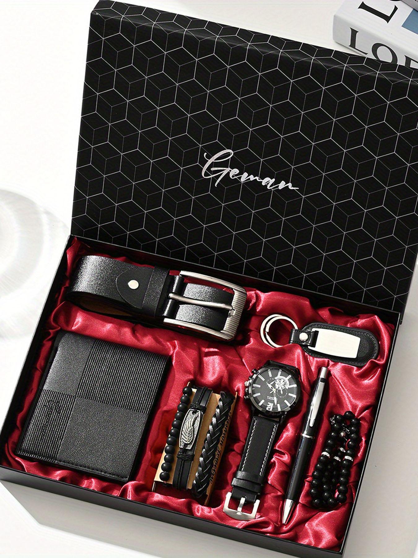 PU leather business men's watch set (wallet + belt + keychain + bracelet + watch + pen + rosary), simple quartz watch set 7pcs/set, exquisite watch gift box, suitable gift box for men